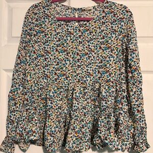 Jane and Delancey White Floral Blouse with Blue, Yellow & Brown Accents